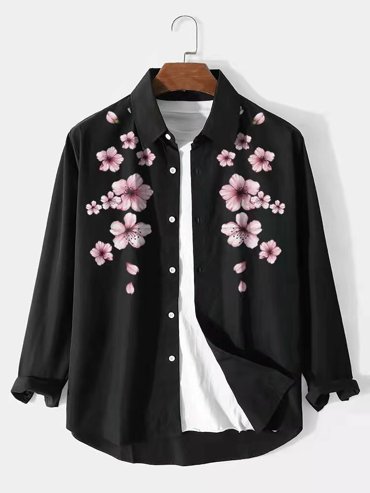 Mens Floral Print Button Up Long Sleeve Black Shirts