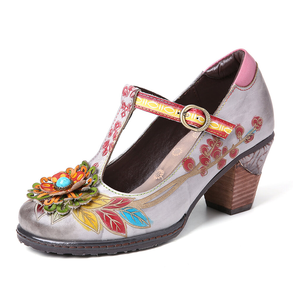Retro Painted Floral Leather-Wrapped Heel T Strap Buckle Rubber Outsole Pumps