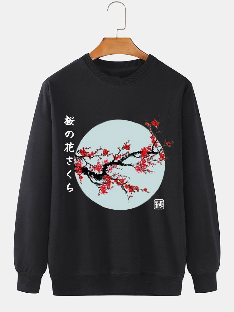 Mens Japanese Cherry Blossoms Print Crew Neck Pullover Sweatshirts