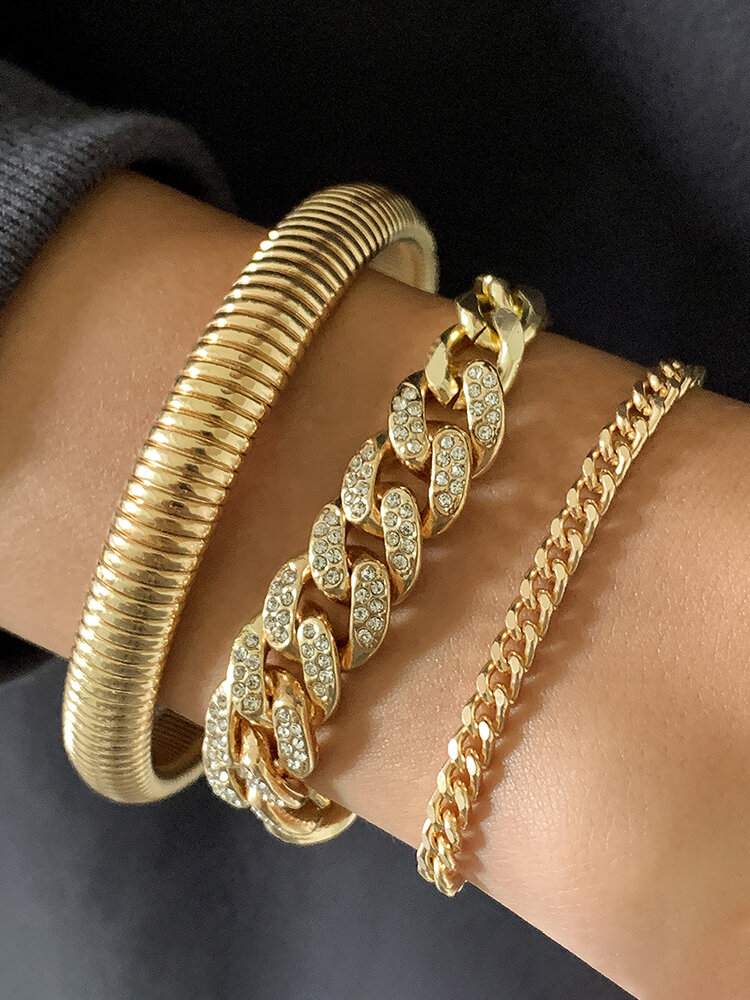 3 Pcs Luxury Fashion Punk Gold & Silver Rhinestone Alloy Bracelets