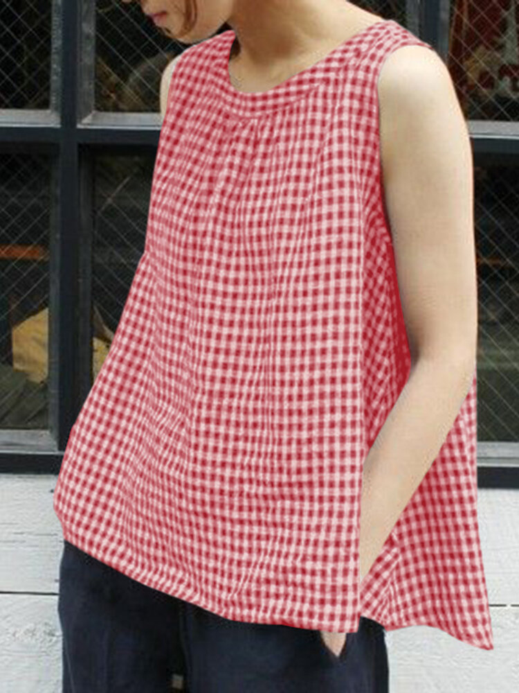 Plaid Knotted Round Neck Sleeveless Casual Tank Top