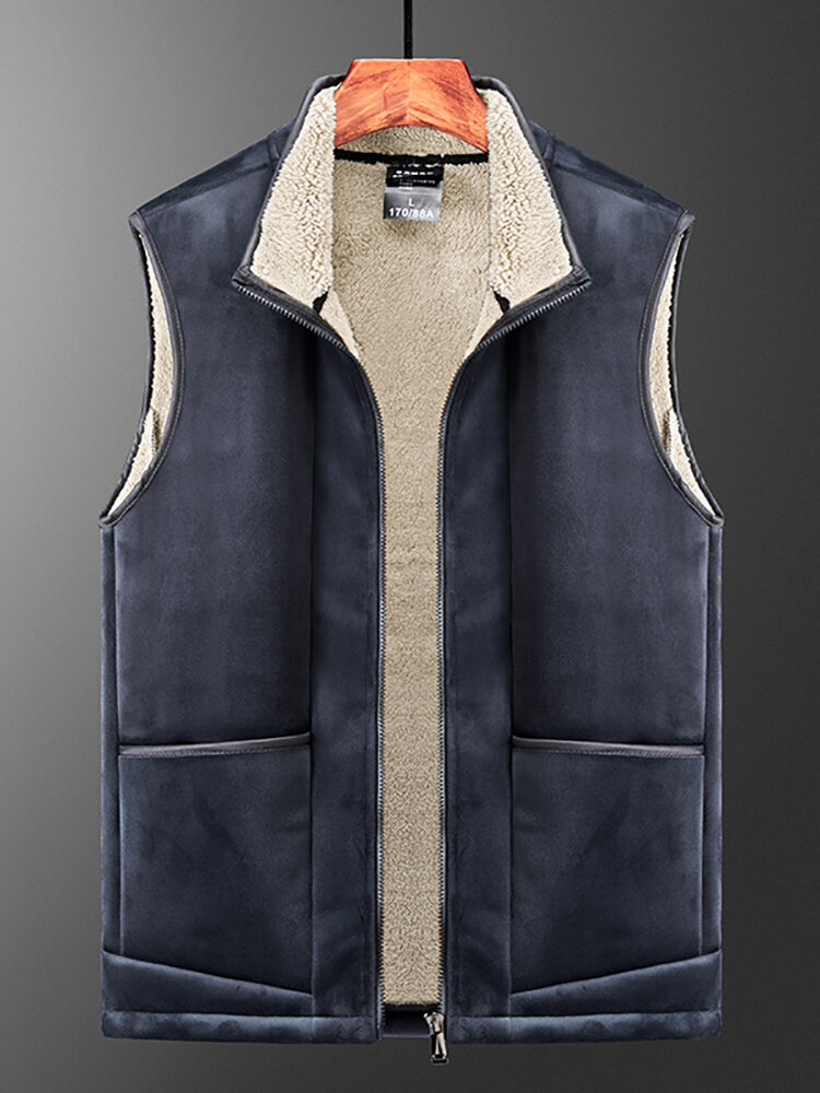 Men Fleece Warm Lining Stand Collar Thick Casual Sleevless Vests