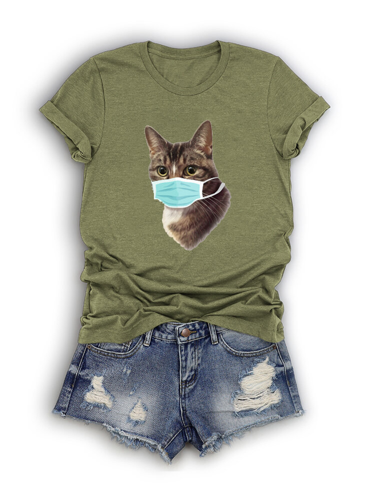 Cat Printed Short Sleeve O-Neck T-shirt