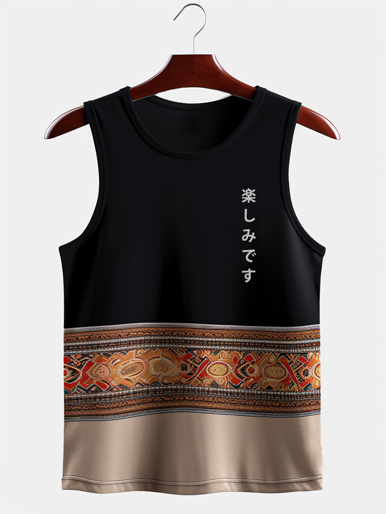 Camisetas sin mangas con estampado japonés de patchwork de tótem étnico para hombre