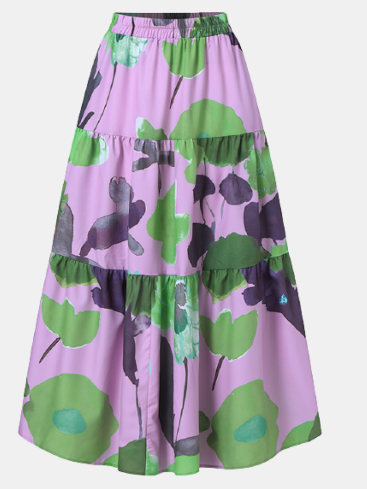 Plants Print Elasitc Waist Pleated Plus Size Skirt for Women