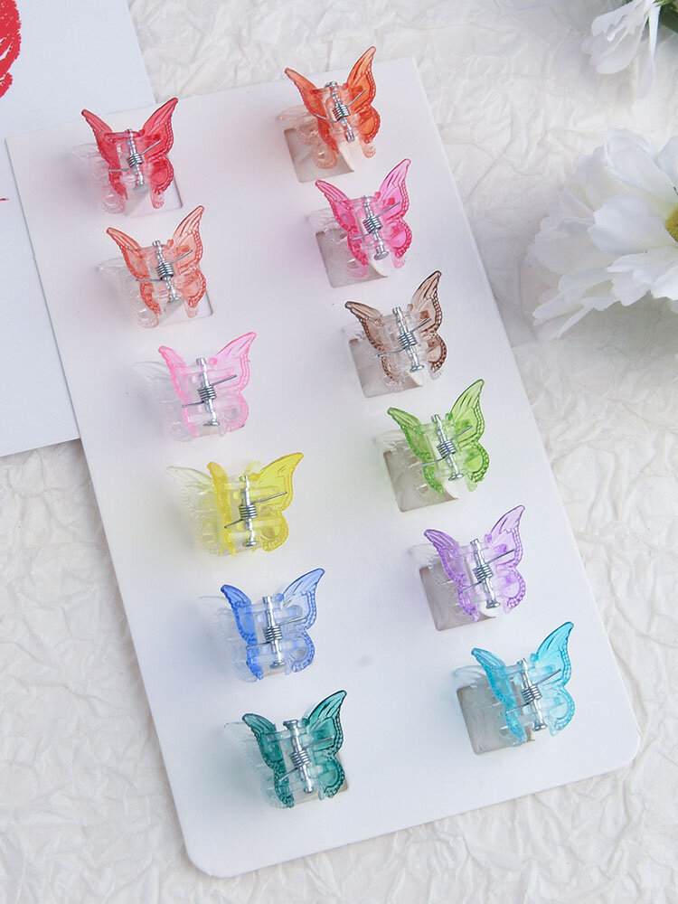 JASSY 12 piezas de plástico de mujer de dibujos animados Mini mariposa Color degradado trenza DIY decoración flequillo Cabello Clip