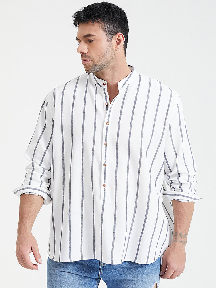 Plus Size Mens Vertical Striped 100% Cotton Casual Long Sleeve Henley Shirts