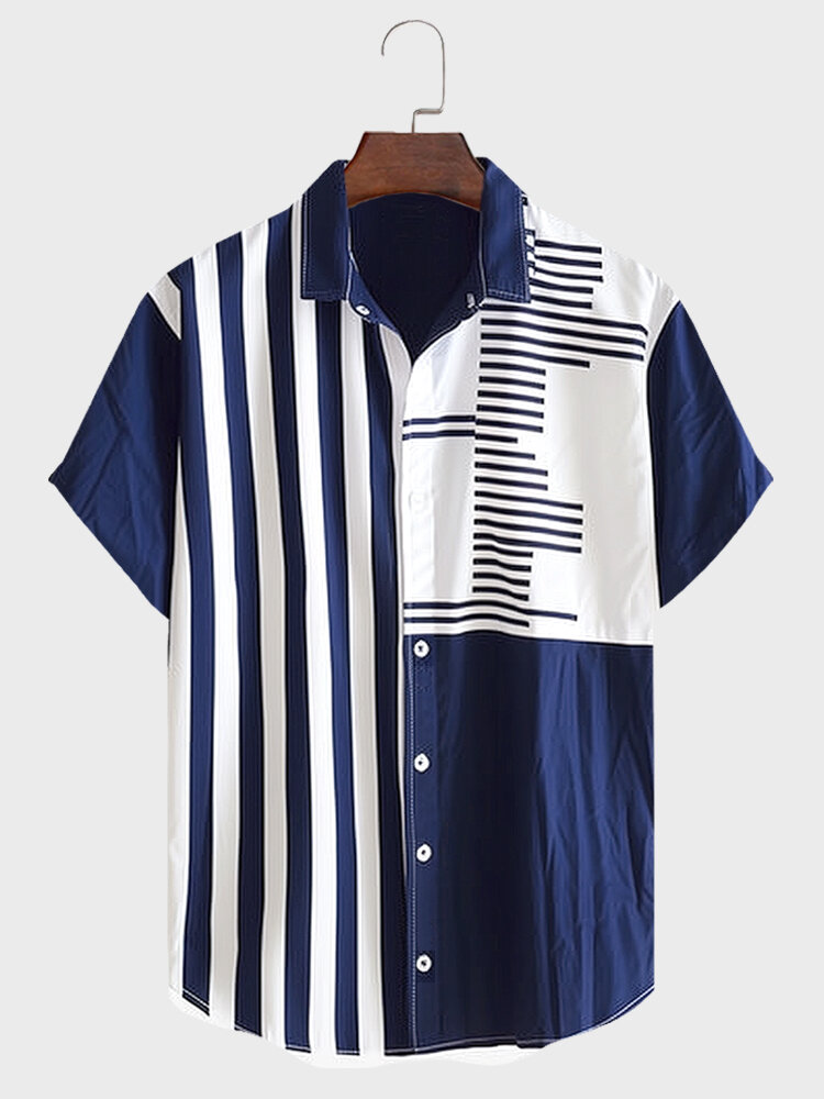 Mens Striped Patchwork Lapel Button Up Casual Short Sleeve Shirts