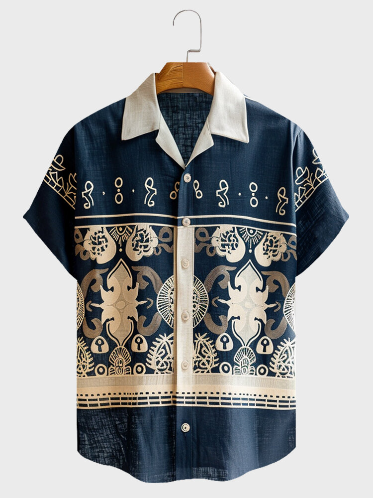 

Mens Ethnic Totem Print Patchwork Revere Collar Short Sleeve Shirts, Dark blue