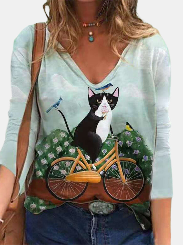 Cartoon Cat Printed Casual V-neck Long Sleeve T-Shirt For Women