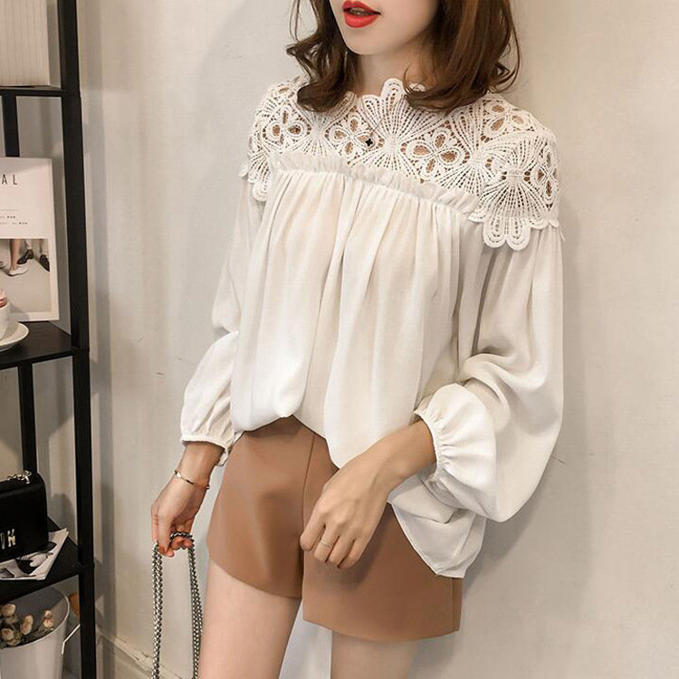 Hook flower hollow stitching lace loose long-sleeved shirt