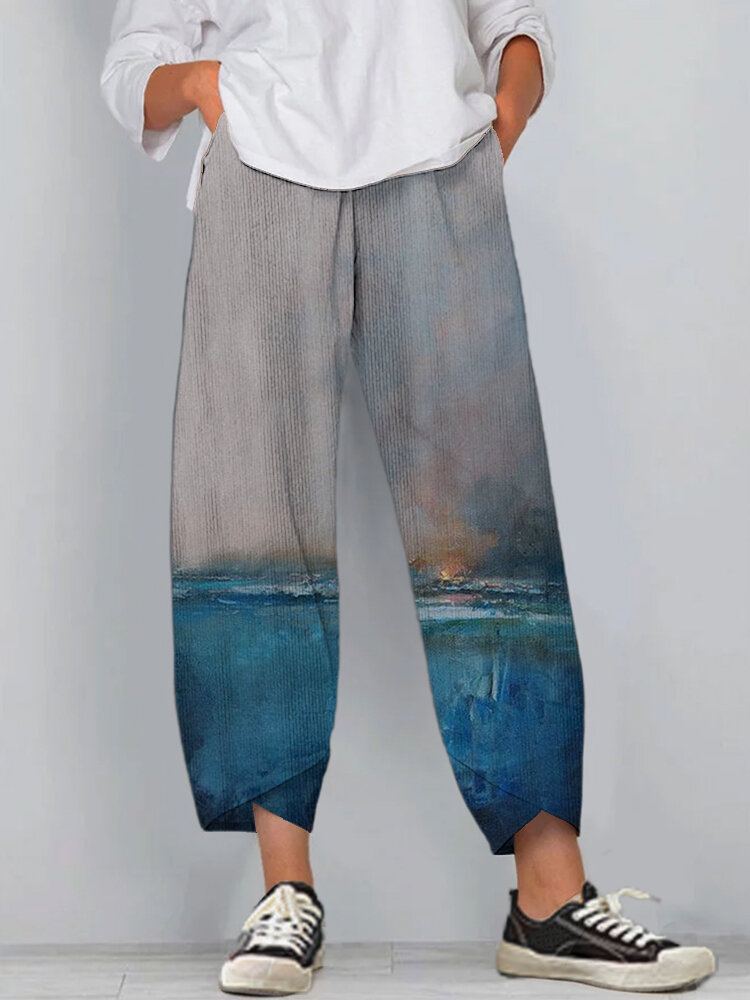 Landscape Print Corduroy Splited Elastci Waist Pants For Women