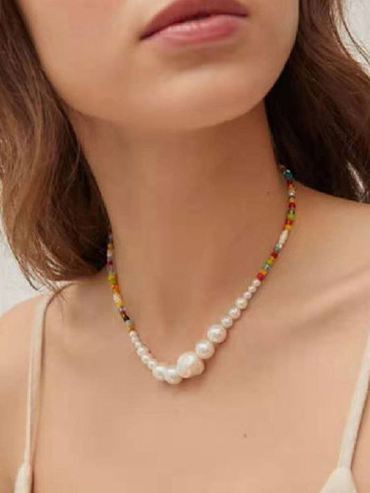 Colored Rice Beads Women Necklace Irregular Pearl Pendant Beaded Necklace Jewelry Gift