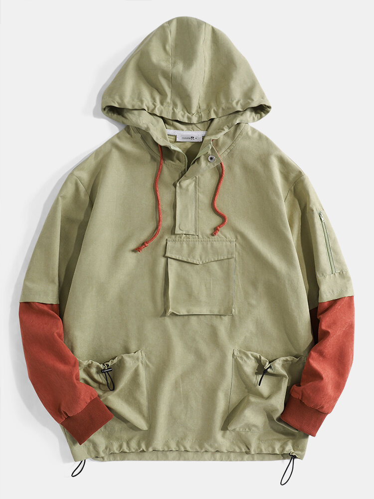

Mens Pockets Detail Contrast Color Half Zipper Pullover Hoodie Portable Windbreaker Jacket, Green