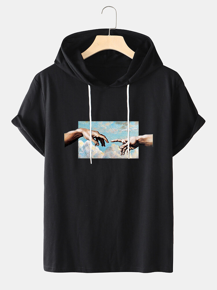 Mens Figure Hand Sky Graphic Short Sleeve Preppy Hooded T-Shirts