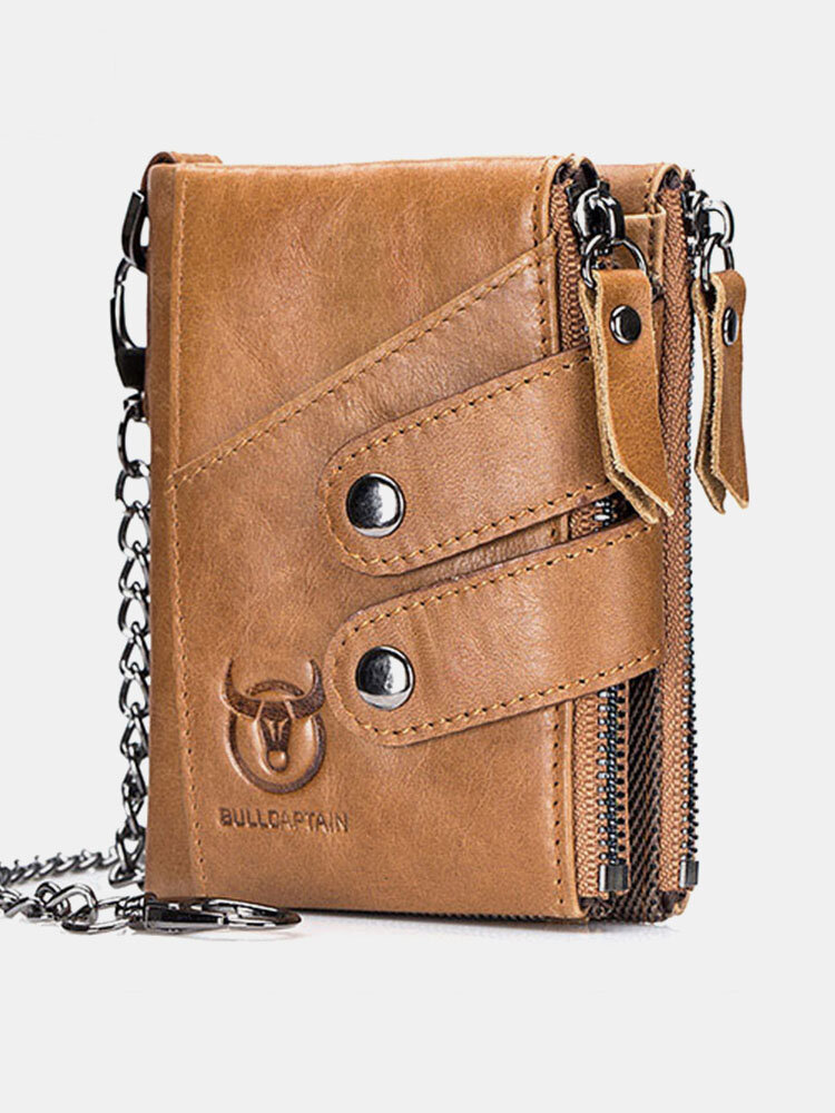 Men Vintage Genuine Leather Cowhide RFID Anti-theft Zipper Chain Card Holder Wallet