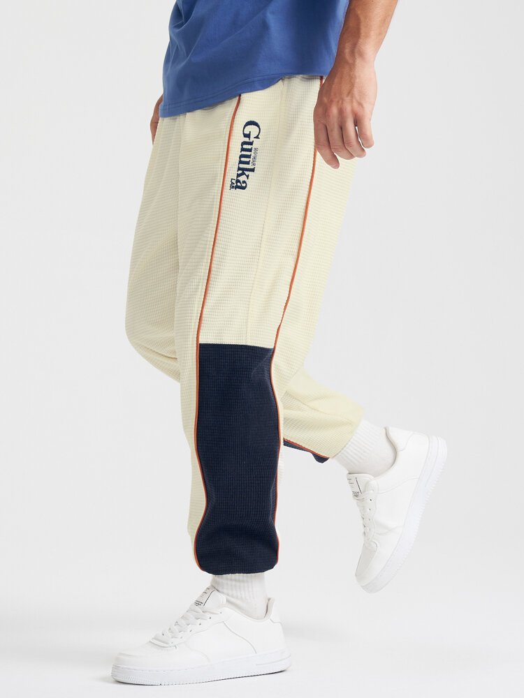 Mens Contrast Stitching Letter Embroidered Texture Preppy Drawstring Pants