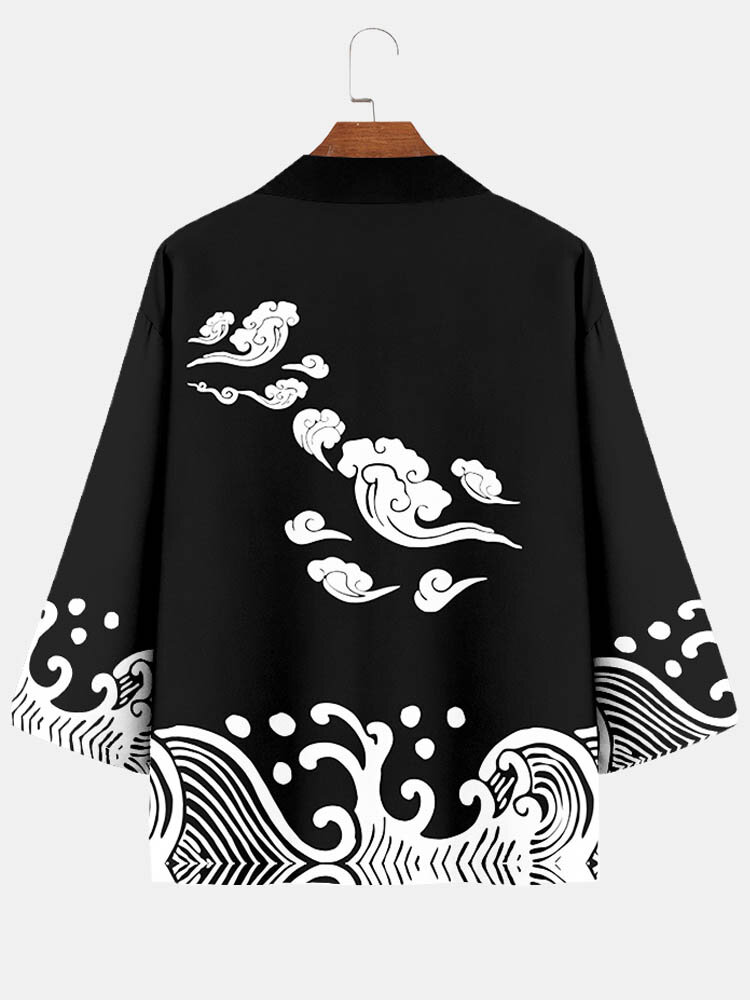 Mens Monochrome Japanese Style Cloud Print Open Front Loose Kimono