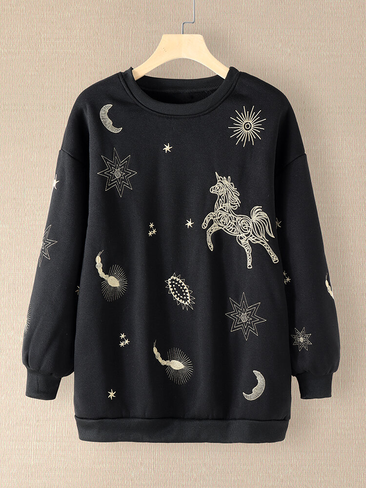

Unicorn Embroidery O-neck Sweatshirts, Black