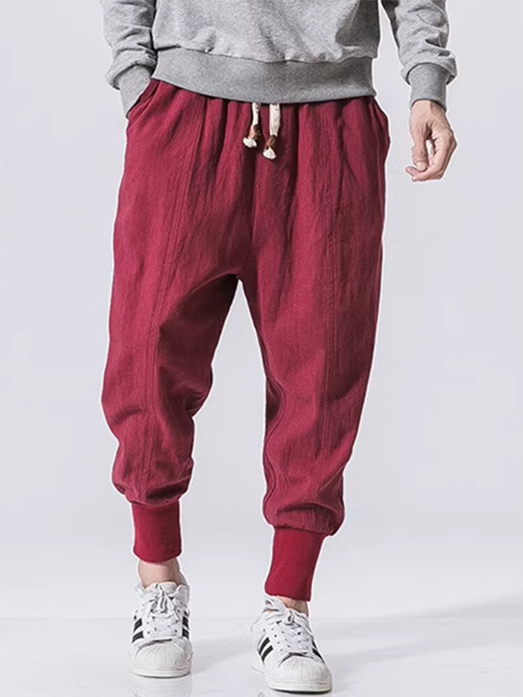 Pantalon ample décontracté en coton uni pour hommes, avec cordon de serrage à la taille