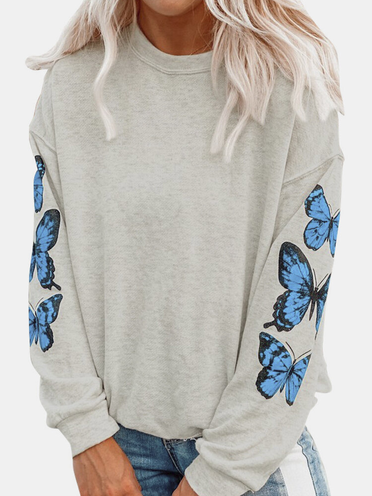 Butterfly Print O-neck Long Sleeve Plus Size Casual Sweatshirt