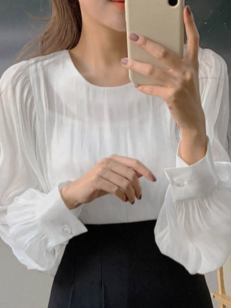 Solid Puff Long Sleeve Crew Neck Blouse For Women