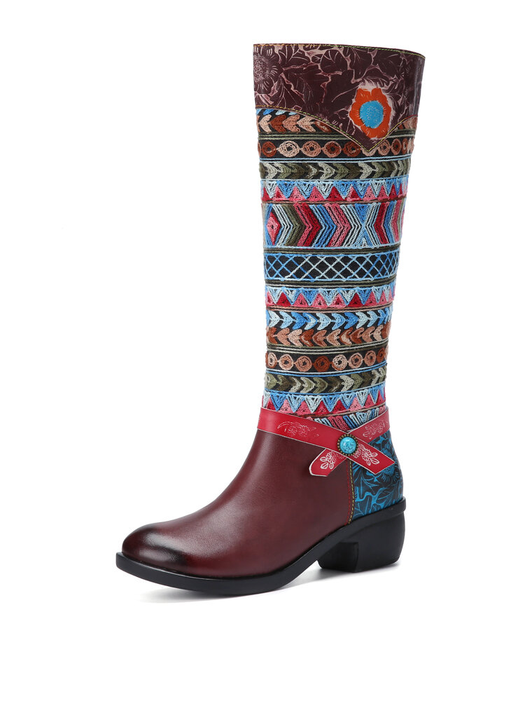 Socofy Leather Retro Ethnic Knitted Side Zipper Comfy Low Heel Knee High Boots