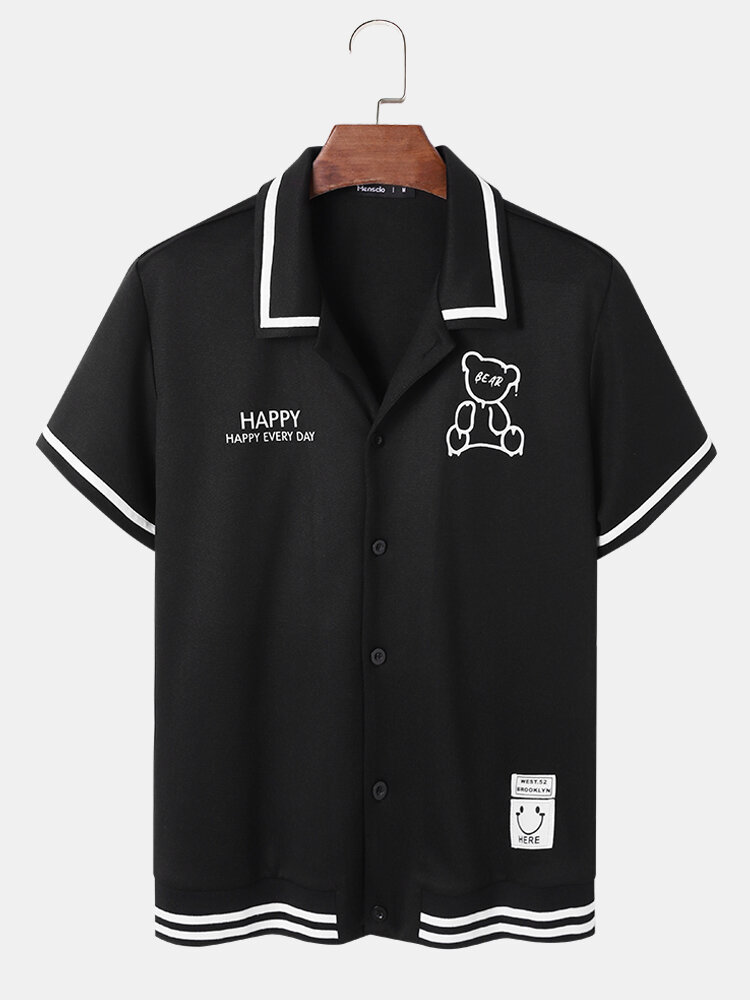 Mens Contrast Striped Trims Cartoon Bear Print Preppy Short Sleeve Shirts