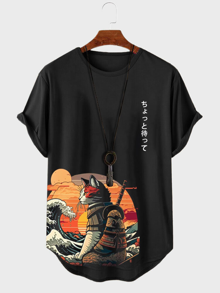 Мужские японские футболки с короткими рукавами и принтом Кот с изогнутым краем