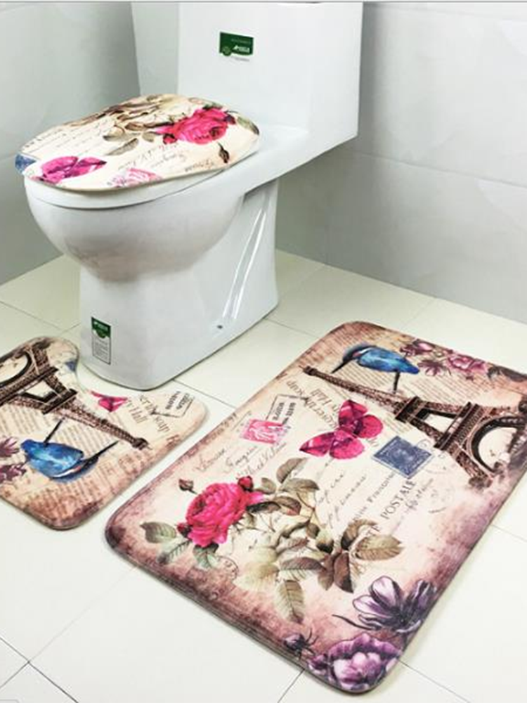3PCS Bathroom Carpet Non-Slip Pedestal Rugs & Lid Toilet Covers & Bath Mat Sets 