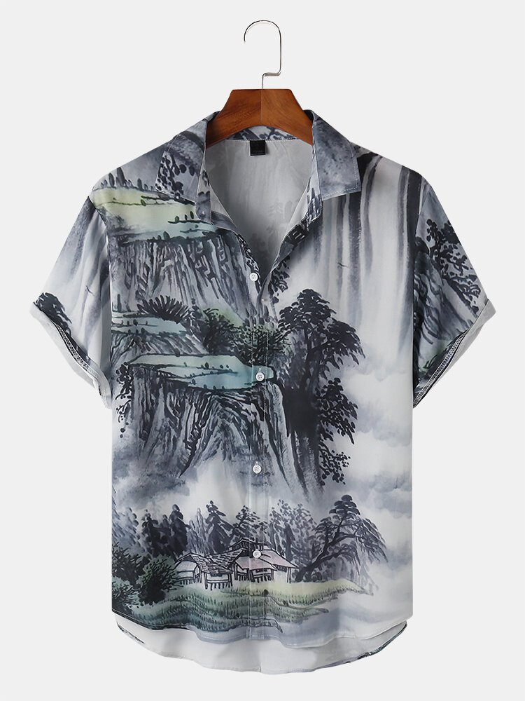 Mens Ink Mountain Printing Short Sleeve Chinoiserie High-Low Hem Shirt