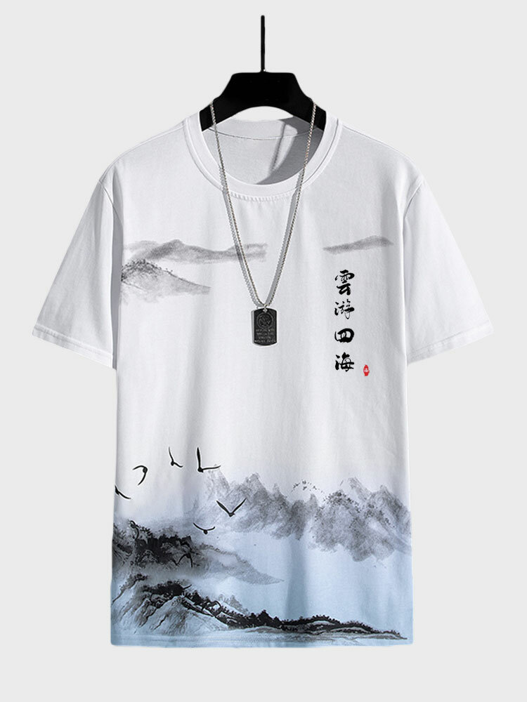 Mens Chinese Landscape Ink Painting Crew Neck Short Sleeve T-Shirts