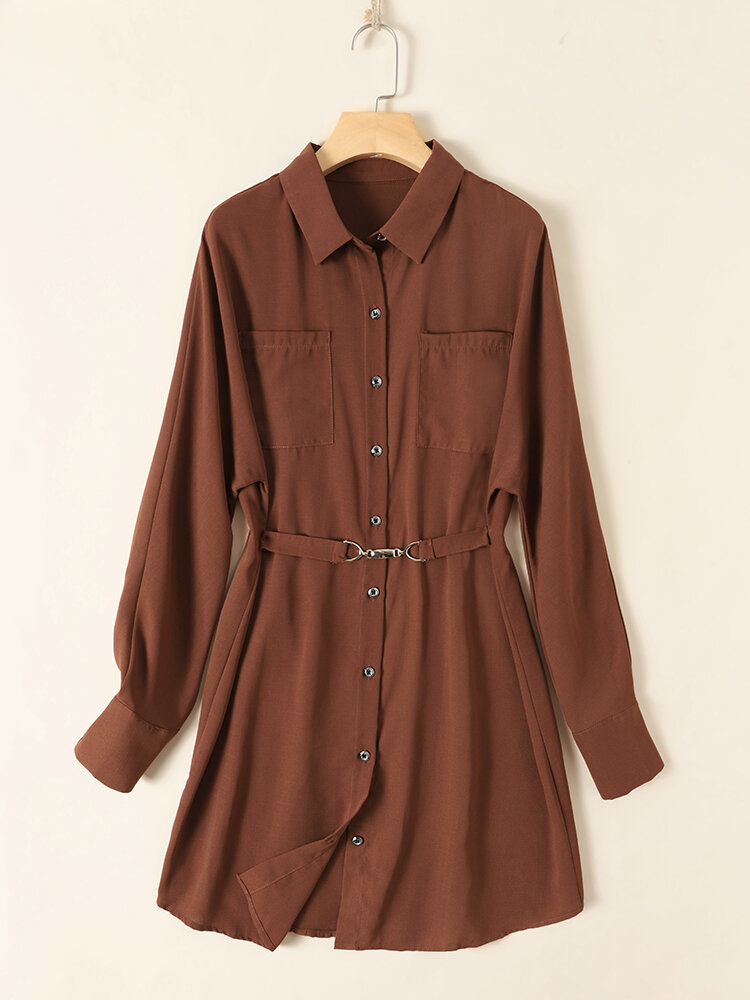 Solid Button Front Pocket Lapel Long Sleeve Shirt Dress