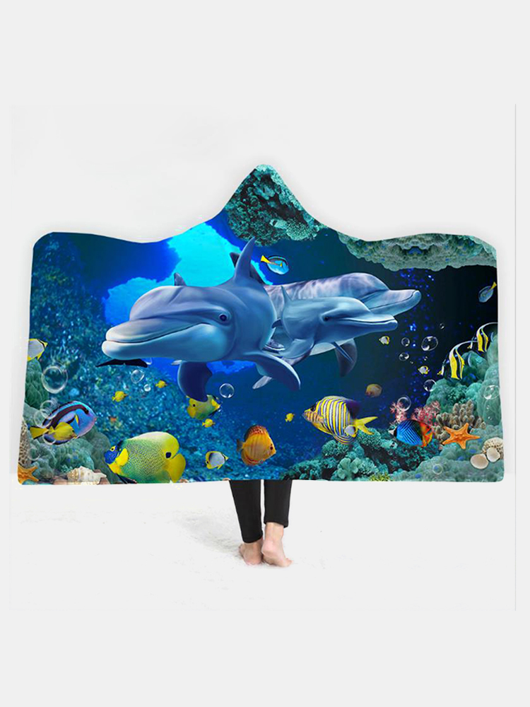 150x200cm Ocean Scenery Series Blanket With Hood Warm Wearable Plush Mat