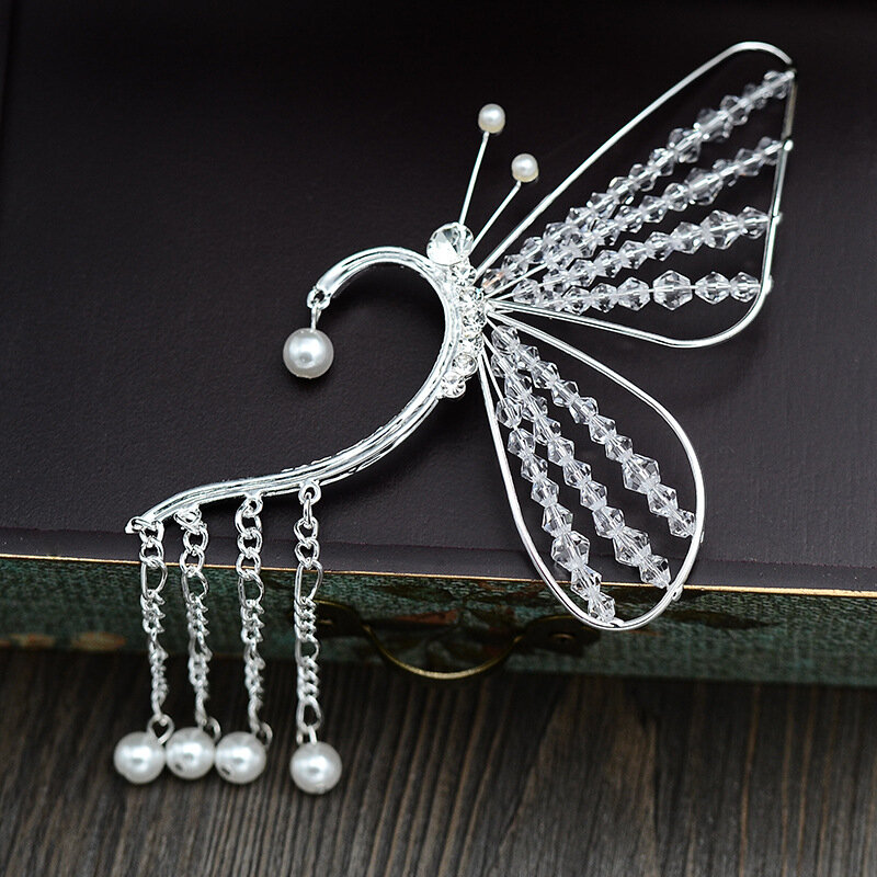 1 Pc Fashion Butterfly Ear Clip Silver Earrings Tassels Pearls Ear Cuff Bride Wedding Jewelry