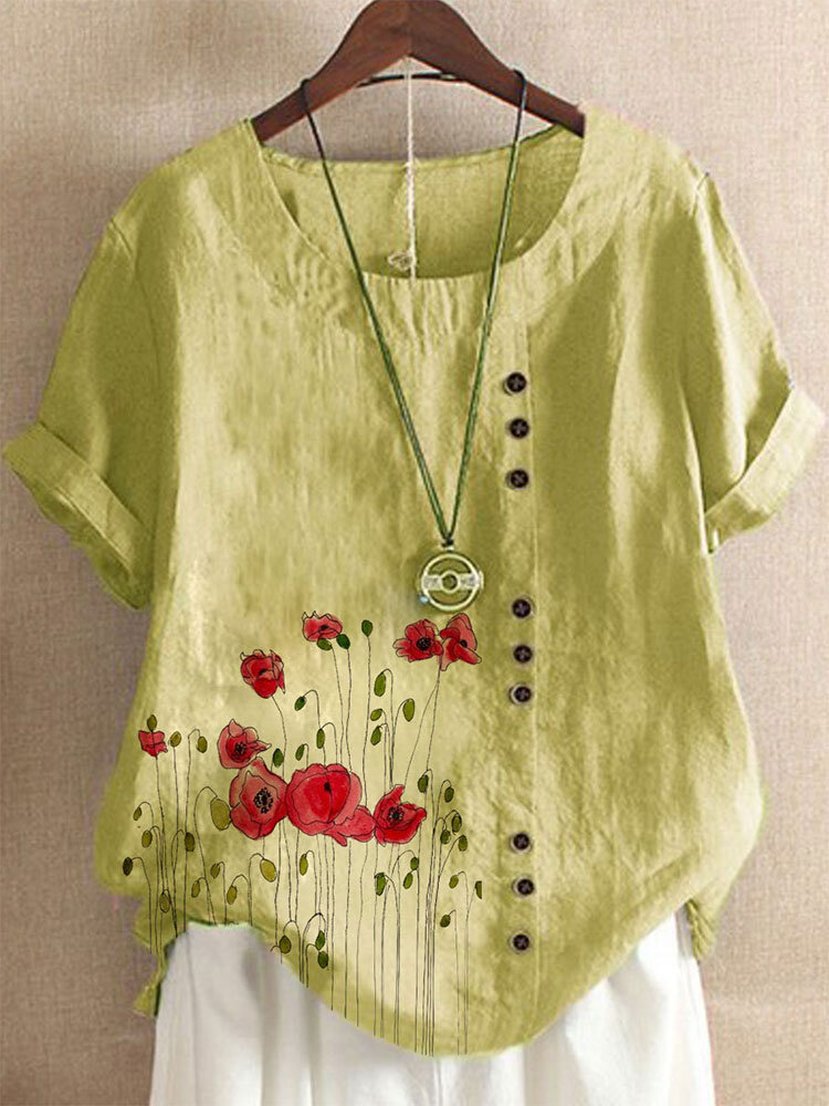 Button Flower Print Short Sleeve O-neck Women T-shirt