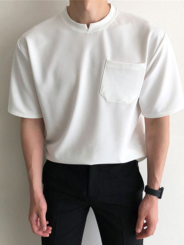 Mens Solid Notched Neck Casual Short Sleeve T Shirt