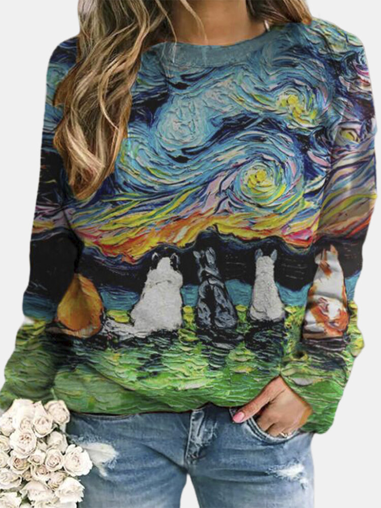 Cat Landscape Print Long Sleeve O-neck Sweatshirt For Women