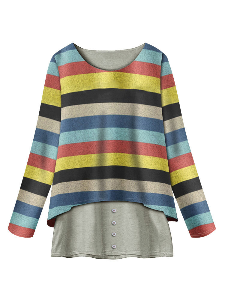 Fake Two Pieces Multicolor Striped Button Long Sleeve Blouse