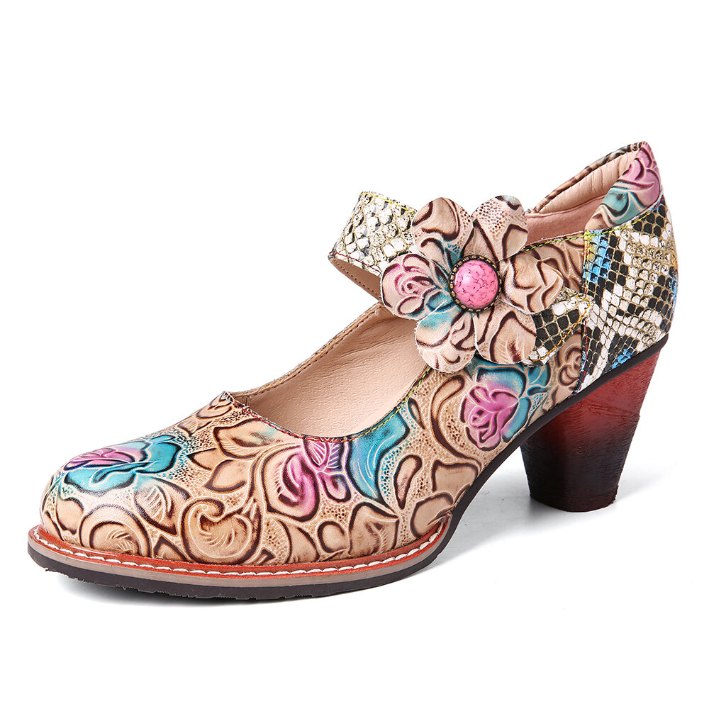 Retro Embossed Rose Splicing Floral Sequined Round Toe Mid Heel Pumps 