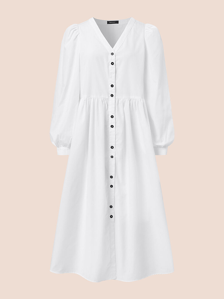 Solid Puff Long Sleeve Button V-neck Casual Dress For Women