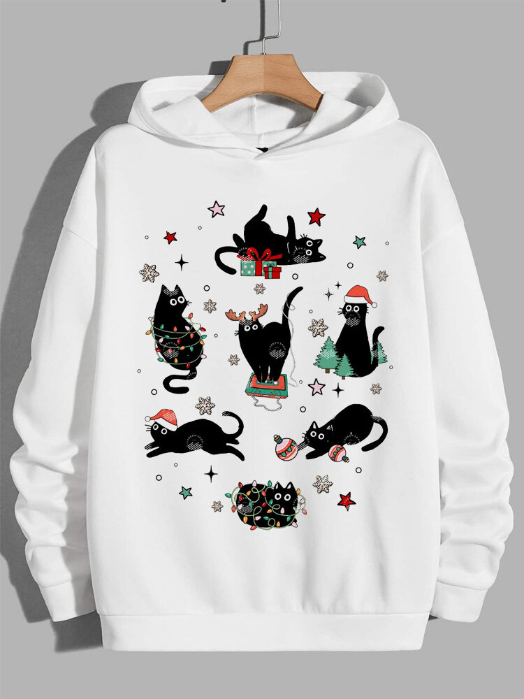 Mens Cute Christmas Cat Print Long Sleeve Casual Loose Hoodies Winter