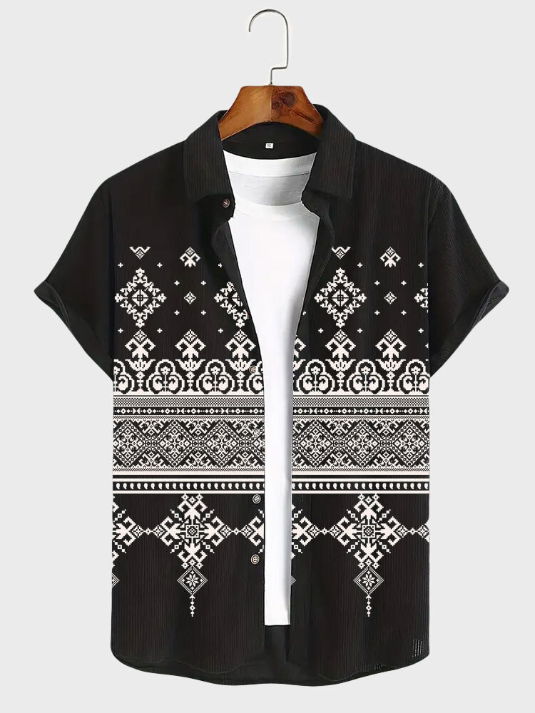 

Mens Monochrome Ethnic Geometric Print Lapel Short Sleeve Shirts, Black