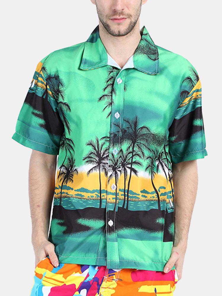 

Beach Swimming Breathable Coconut Tree Printing Loose Hawaiian Shirts for Men, Green;blue