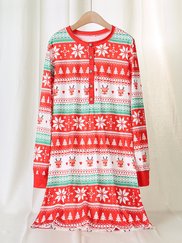 Women Christmas Tree Snowflake Elk Print Crew Neck Button Home Nightgown