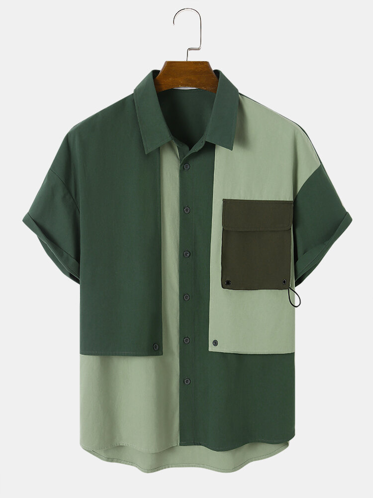 Mens Color Block Patchwork Flap Pocket Cotton Drop Shoulder Shirts