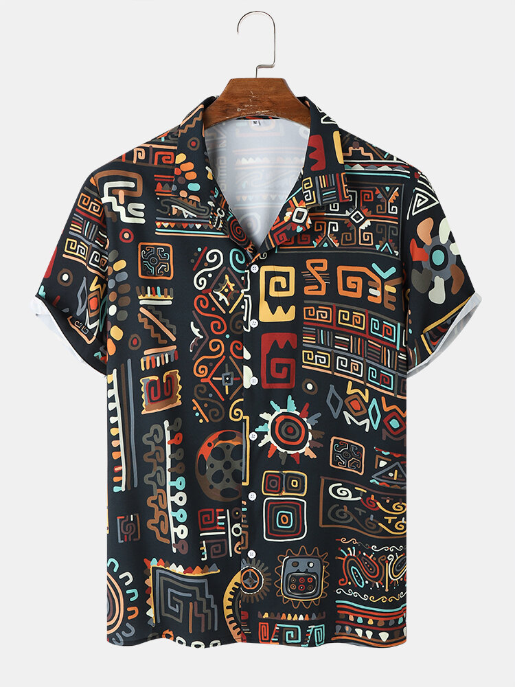 Mens Tribal Geometry Print Camp Collar Black Short Sleeve Shirt