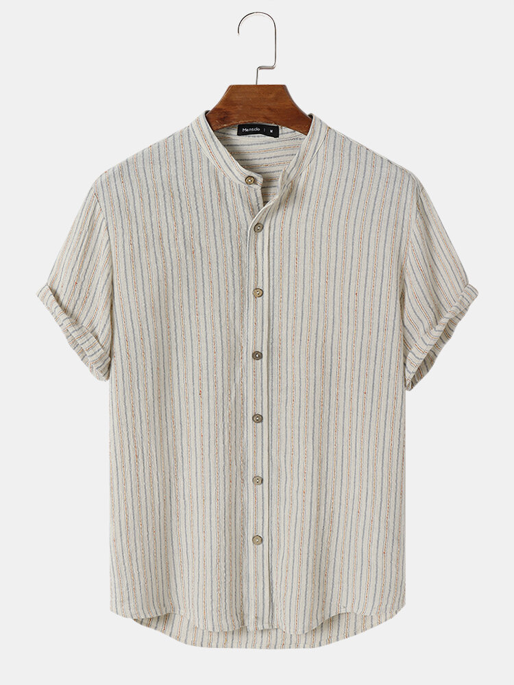 Mens Cotton Linen Pinstripe Stand Collar Daily Short Sleeve Shirts