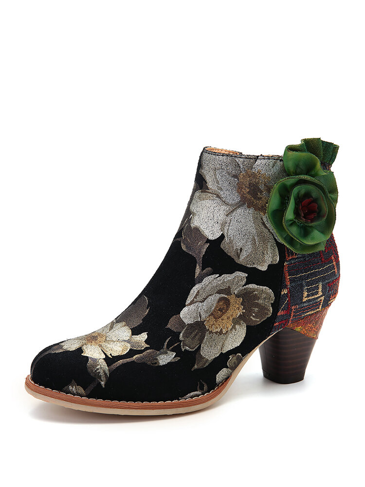 SOCOFY Green Flower Genuine Leather Splicing Zipper Elegant High Heel Ankle Boots