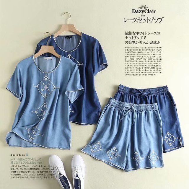 Fn-362 Season Casual Day Silk Cotton Jeans Set Embroidery Shirt + Shorts Two-piece
